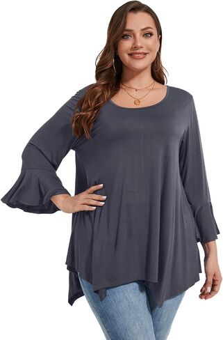 LARACE 3/4 Sleeve Womens Tops Plus Size Crew Neck Tunic Tops Dressy Casual Ruffle Sleeve Shirts Blouses in Saudi Arabia