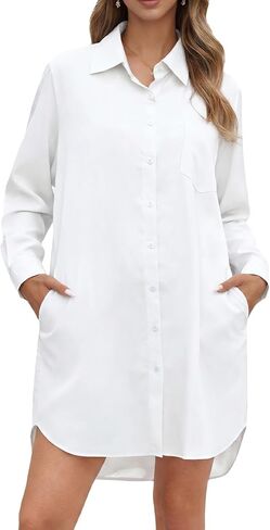 Women Oversized Button Down Shirt Dress Long Sleeve Solid Blouse with Side Pockets Casual Tunic Top in Saudi Arabia