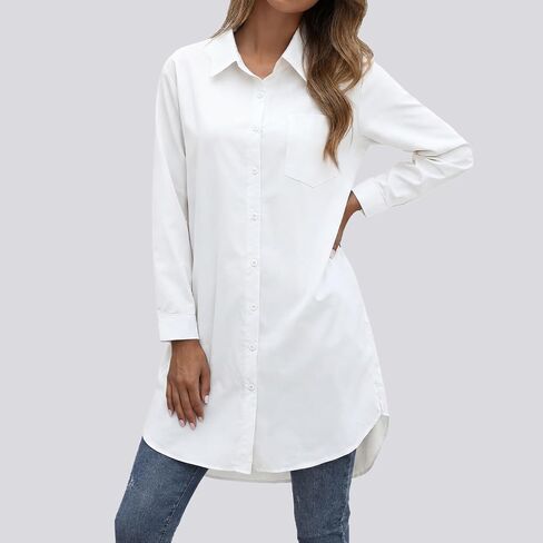 Women Oversized Button Down Shirt Dress Long Sleeve Solid Blouse with Side Pockets Casual Tunic Top in Saudi Arabia