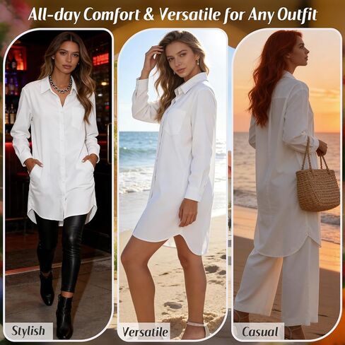 Women Oversized Button Down Shirt Dress Long Sleeve Solid Blouse with Side Pockets Casual Tunic Top in Saudi Arabia
