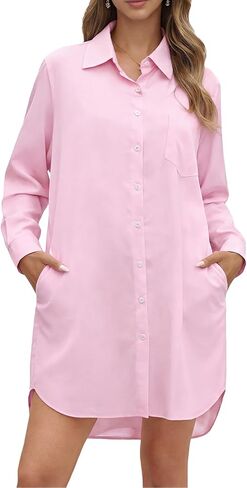 Women Oversized Button Down Shirt Dress Long Sleeve Solid Blouse with Side Pockets Casual Tunic Top in Saudi Arabia