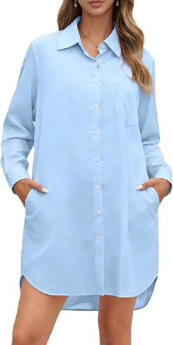 Women Oversized Button Down Shirt Dress Long Sleeve Solid Blouse with Side Pockets Casual Tunic Top in Saudi Arabia