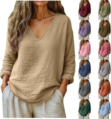 Linen Shirts for Women Casual V Neck Long Sleeve Plus Size Cotton Shirts Summer Beach Blouses Spring Fashion Clothes in Kuwait