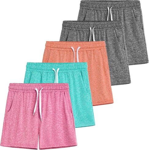 5 Pack Girls Athletic Shorts with Pockets Quick Dry Running Basketball Shorts Kids Short for Sports Workout in Kuwait