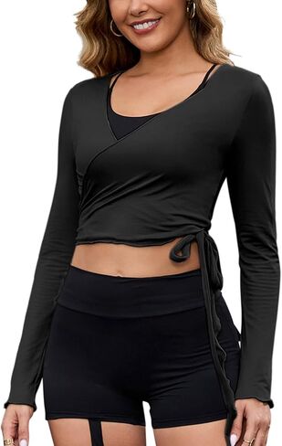 Perfashion Women Ballet Wrap Top Pilates Yoga Long Sleeve Workout Tie Tops Y2K Dance Shirt Blouses in Saudi Arabia