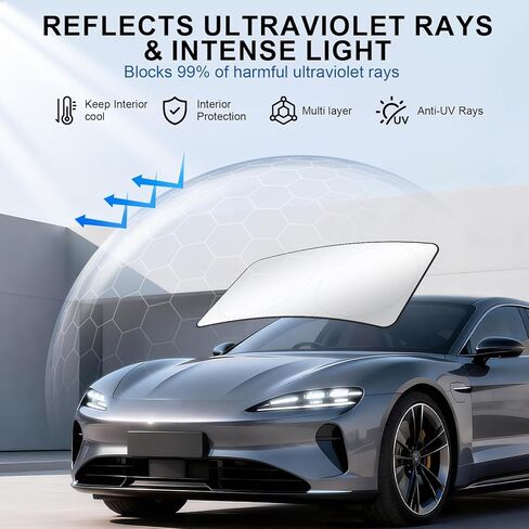 الزجاج الأمامي لظل الشمس للسيارة من JUSTTOP - درع نافذة السيارة الشمسي القابل للطي 300T من القماش الفضي العاكس كتل مادة البوليستر 99٪ من الأشعة فوق البنفسجية، يناسب معظم الزجاج الأمامي (كبير جدًا 65.7 × 37.4 بوصة) in Kuwait