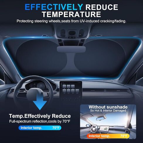 الزجاج الأمامي لظل الشمس للسيارة من JUSTTOP - درع نافذة السيارة الشمسي القابل للطي 300T من القماش الفضي العاكس كتل مادة البوليستر 99٪ من الأشعة فوق البنفسجية، يناسب معظم الزجاج الأمامي (كبير جدًا 65.7 × 37.4 بوصة) in Kuwait