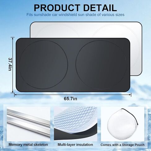 الزجاج الأمامي لظل الشمس للسيارة من JUSTTOP - درع نافذة السيارة الشمسي القابل للطي 300T من القماش الفضي العاكس كتل مادة البوليستر 99٪ من الأشعة فوق البنفسجية، يناسب معظم الزجاج الأمامي (كبير جدًا 65.7 × 37.4 بوصة) in Kuwait