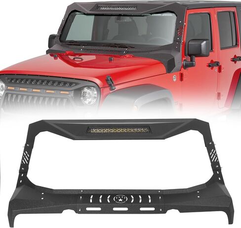 Wrangler JK Madmax Windshield Frame Cover Roof Sun Visor Cowl Body Armor Compatible with 2007-2018 Jeep Wrangler JK & Unlimited 2/4 Door, Sun Visor Cover with 100W LED Lights, Textured in Kuwait