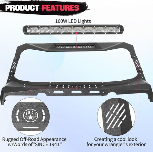 Wrangler JK Madmax Windshield Frame Cover Roof Sun Visor Cowl Body Armor Compatible with 2007-2018 Jeep Wrangler JK & Unlimited 2/4 Door, Sun Visor Cover with 100W LED Lights, Textured in Kuwait
