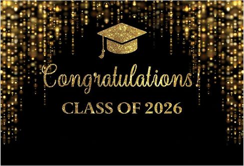 Funnytree 96" x 72" Graduation Party Backdrop Class of 2024 Black and Golden Glitter Bokeh Spot Photography Background Congrats Grad Prom Gold Dots Decor Photo Studio Booth Prop Cake Table Banner in Kuwait