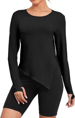 قميص بيما القطني طويل الأكمام للتمرين للنساء مع فتحات إبهام جانبية وممتصة للرطوبة في صالة الألعاب الرياضية واليوجا in Kuwait