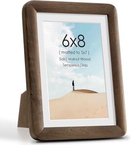 6x8 Picture Frame, Solid Natural Walnut Wood Photo Frame with Tempered Glass, 6x8 Wood Picture Frame with Mat for 5x7 Photos, Curved Rounded Corner 6 by 8 Wooden Frames, Wall or Tabletop Display in Kuwait