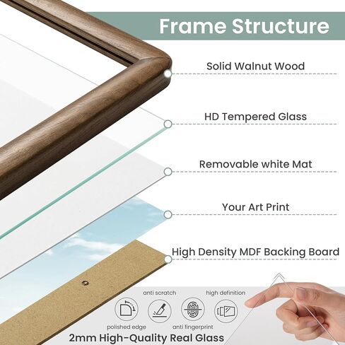 6x8 Picture Frame, Solid Natural Walnut Wood Photo Frame with Tempered Glass, 6x8 Wood Picture Frame with Mat for 5x7 Photos, Curved Rounded Corner 6 by 8 Wooden Frames, Wall or Tabletop Display in Kuwait