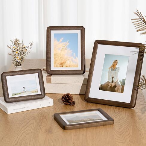 6x8 Picture Frame, Solid Natural Walnut Wood Photo Frame with Tempered Glass, 6x8 Wood Picture Frame with Mat for 5x7 Photos, Curved Rounded Corner 6 by 8 Wooden Frames, Wall or Tabletop Display in Kuwait