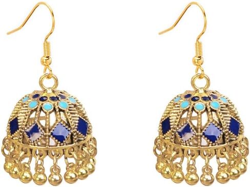 Gold Plated Indian Jhumki Bell Vintage Colorful Enamel Statement Dangle Drop Earrings for Women Boho Jhumkas Beaded Tassel Hook Dangling Bollywood Hypoallergenic Fashion Trendy Jewelry in Saudi Arabia