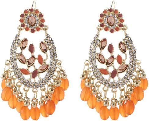 18K Gold Plated Bohemian Gold Drop Earrings with Orange Beads with Cubic Zirconia – Ethnic Dangle Statement Earrings for Women in Saudi Arabia