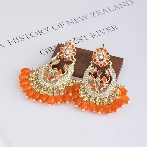 18K Gold Plated Bohemian Gold Drop Earrings with Orange Beads with Cubic Zirconia – Ethnic Dangle Statement Earrings for Women in Saudi Arabia