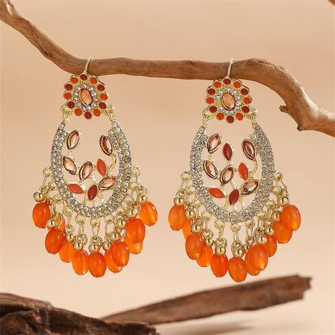 18K Gold Plated Bohemian Gold Drop Earrings with Orange Beads with Cubic Zirconia – Ethnic Dangle Statement Earrings for Women in Saudi Arabia