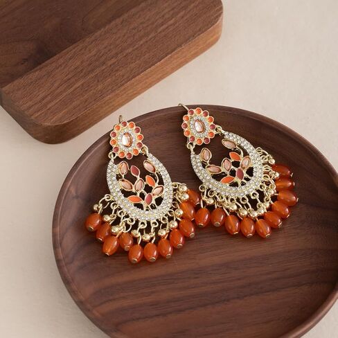 18K Gold Plated Bohemian Gold Drop Earrings with Orange Beads with Cubic Zirconia – Ethnic Dangle Statement Earrings for Women in Saudi Arabia