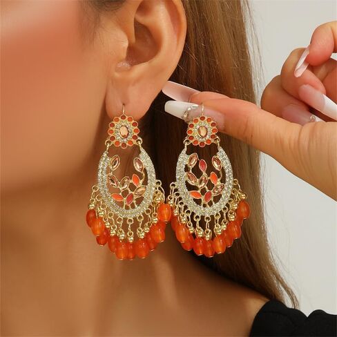 18K Gold Plated Bohemian Gold Drop Earrings with Orange Beads with Cubic Zirconia – Ethnic Dangle Statement Earrings for Women in Saudi Arabia