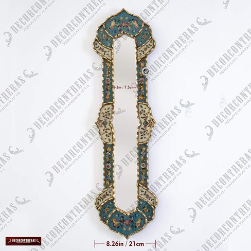 Narrow Accent mirror for wall art decor 35.8" tall, Decorative Long Mirror, Peruvian painting on glass skinny Mirror, Silver Leaf Wood Framed Mirrors for living room (Turquoise) in Kuwait