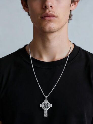 Big Vintage Celtic Cross Pendant Necklace for Men & Women - Stainless Steel Irish Jewelry with Shamrock & Claddagh Design - Adjustable 23.6"+2" Chain - Religious Protective Gift in Saudi Arabia