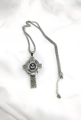 Big Vintage Celtic Cross Pendant Necklace for Men & Women - Stainless Steel Irish Jewelry with Shamrock & Claddagh Design - Adjustable 23.6"+2" Chain - Religious Protective Gift in Saudi Arabia
