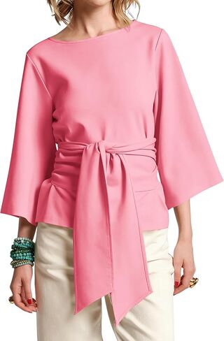 Women's Waist Belted Blouse 3/4 Trumpet Sleeve Tunic Tops 2026 Summer Business Casual Loose Fit Crew Neck Shirt in Kuwait