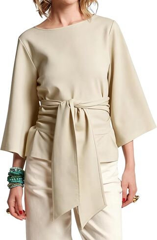 Women's Waist Belted Blouse 3/4 Trumpet Sleeve Tunic Tops 2026 Summer Business Casual Loose Fit Crew Neck Shirt in Saudi Arabia
