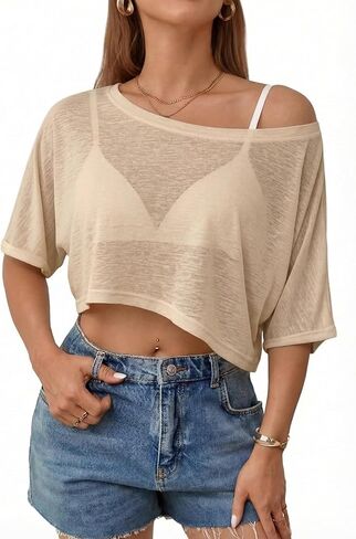 Women's Sheer Mesh Off Shoulder Crop Top See Through Short Sleeve Loose Fit Summer Tee Shirt for Beach Cover up in Saudi Arabia