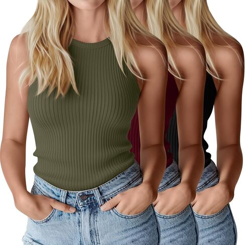 3 Pack Women's Ribbed Tank Tops 95% Cotton Sleeveless Casual Knit Slim Shirts Crew Neck Summer Basic Tops in Kuwait