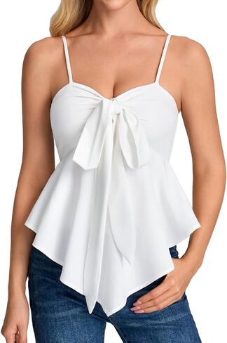 XinFSh Women's Summer Tie Front Peplum Crop Tops Floral Spaghetti Strap Cami Ruffle Going Out Y2K Tank Top Trendy in Kuwait