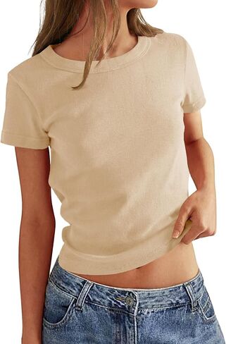 Tankaneo Womens Summer Crop Tops Slim Fit Short Sleeve Casual T Shirts Crew Neck Y2k Going Out Basic Tees in Saudi Arabia