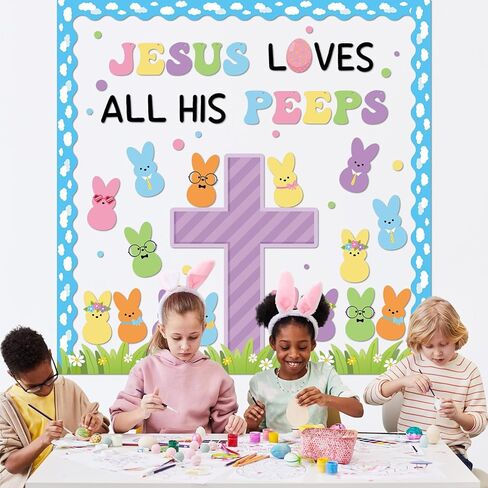 Easter Christian Bulletin Board Set Jesus Loves All His Classroom Decorations Bunny Cross Eggs Religious Bulletin Board Cutouts for Easter Spring Sunday School Church Chalkboard Decor Supplies in Saudi Arabia