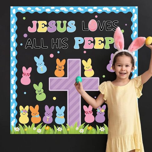 Easter Christian Bulletin Board Set Jesus Loves All His Classroom Decorations Bunny Cross Eggs Religious Bulletin Board Cutouts for Easter Spring Sunday School Church Chalkboard Decor Supplies in Saudi Arabia