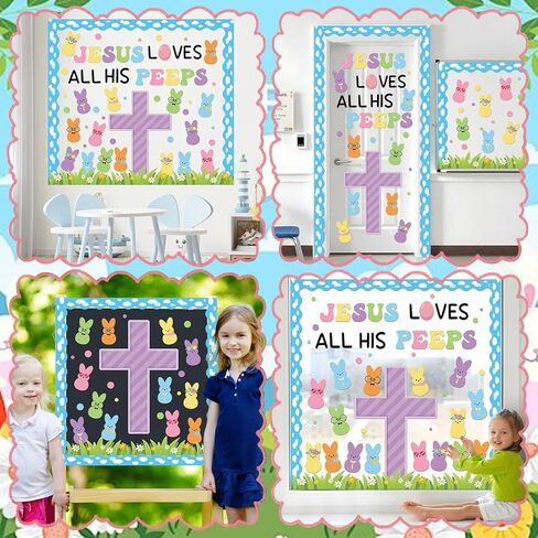 Easter Christian Bulletin Board Set Jesus Loves All His Classroom Decorations Bunny Cross Eggs Religious Bulletin Board Cutouts for Easter Spring Sunday School Church Chalkboard Decor Supplies in Saudi Arabia