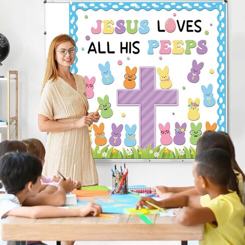 Easter Christian Bulletin Board Set Jesus Loves All His Classroom Decorations Bunny Cross Eggs Religious Bulletin Board Cutouts for Easter Spring Sunday School Church Chalkboard Decor Supplies in Saudi Arabia