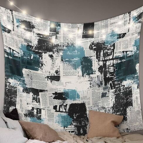Blue Black Tapestry for Bedroom Wall Hanging Tapestry, Vintage Shabby Chic Newspaper Texture Art Ceiling Backdrop Tapestries Poster Blanket Wall Decor for Teens Room Living Room Dorm 39" x 59" in Kuwait