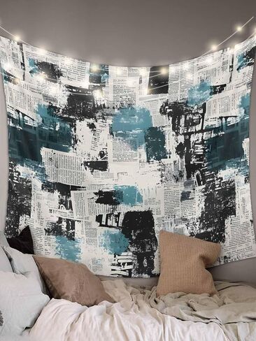 Blue Black Tapestry for Bedroom Wall Hanging Tapestry, Vintage Shabby Chic Newspaper Texture Art Ceiling Backdrop Tapestries Poster Blanket Wall Decor for Teens Room Living Room Dorm 39" x 59" in Saudi Arabia