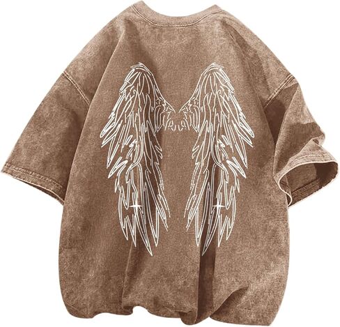Graphic Tees for Men Gothic Oversized Tshirts Y2k Vintage Shirts Acid Wash Grunge Tshirt Streetwear Wing Cool Shirt in Kuwait