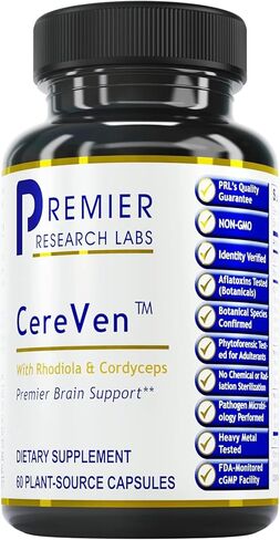 Premier Research Labs Cereven - مكمل دعم الدماغ بمستخلص الروديولا والمرجان البحري والكركم - مستخلصات عشبية ومكملات غذائية - 60 كبسولة من مصدر نباتي in Kuwait