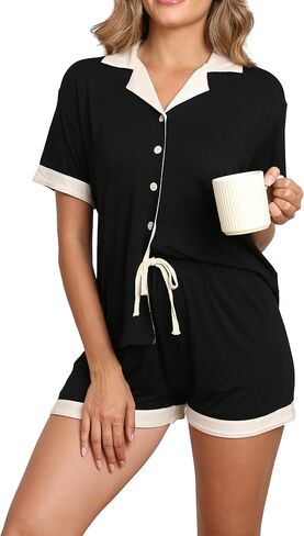Womens Pajama Sets Short Sleeve Sleepwear Button Down Loungewear Soft 2 Piece Pj Set with Pockets in Kuwait