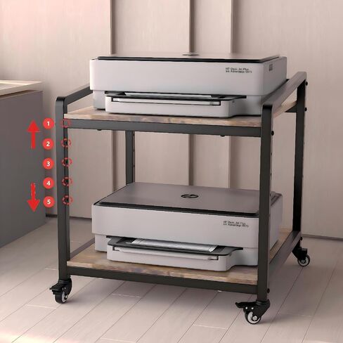Mobile Printer Stand with Lockable Wheels, 2 Tier Rolling Printer Cart Under Desk with Adjustable Shelf, 23" Hight, Holds up to 200lbs for Home & Office, Rustic Brown in Kuwait