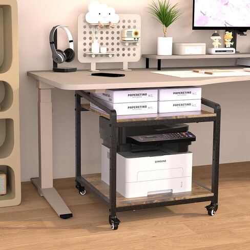 Mobile Printer Stand with Lockable Wheels, 2 Tier Rolling Printer Cart Under Desk with Adjustable Shelf, 23" Hight, Holds up to 200lbs for Home & Office, Rustic Brown in Kuwait