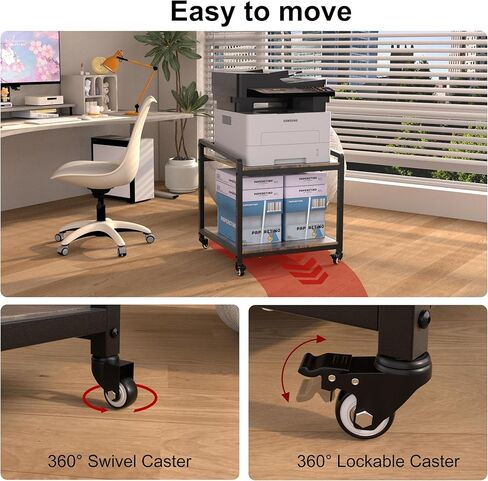Mobile Printer Stand with Lockable Wheels, 2 Tier Rolling Printer Cart Under Desk with Adjustable Shelf, 23" Hight, Holds up to 200lbs for Home & Office, Rustic Brown in Kuwait