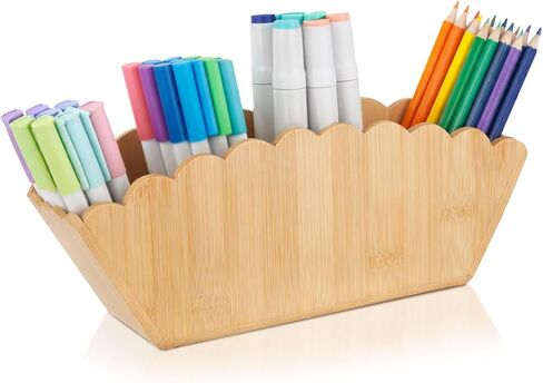 Jetec Scalloped Bamboo Wooden Pencil Holder, Desk Holder with 4 Slots for Desk Organizer Makeup Brushes Pens and Remote Storage Organizer for Office Bathroom in Saudi Arabia