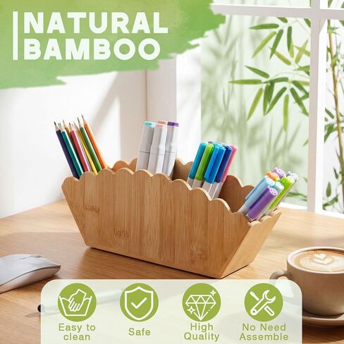Jetec Scalloped Bamboo Wooden Pencil Holder, Desk Holder with 4 Slots for Desk Organizer Makeup Brushes Pens and Remote Storage Organizer for Office Bathroom in Saudi Arabia
