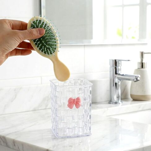 Thinp Acrylic Pen Holder for Desk Cute Pencil Holder Pink Bow Makeup Brush Cup Holders Hair Brush Organizer for Home Office Bathroom Dorm Room Desk Accessories in Saudi Arabia