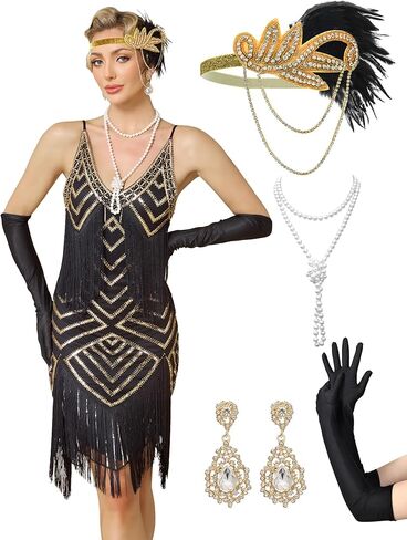 Womens 1920s Flapper Dress,V Neck Great Gatsby Fringe Cocktail Dress with 20s Accessories Set-Roaring 20s Costume in Saudi Arabia